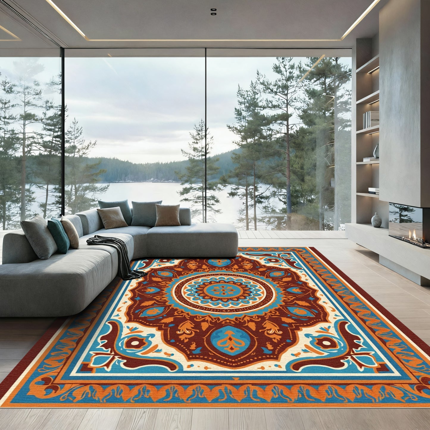 Rich Teal and Orange Medallion Rug