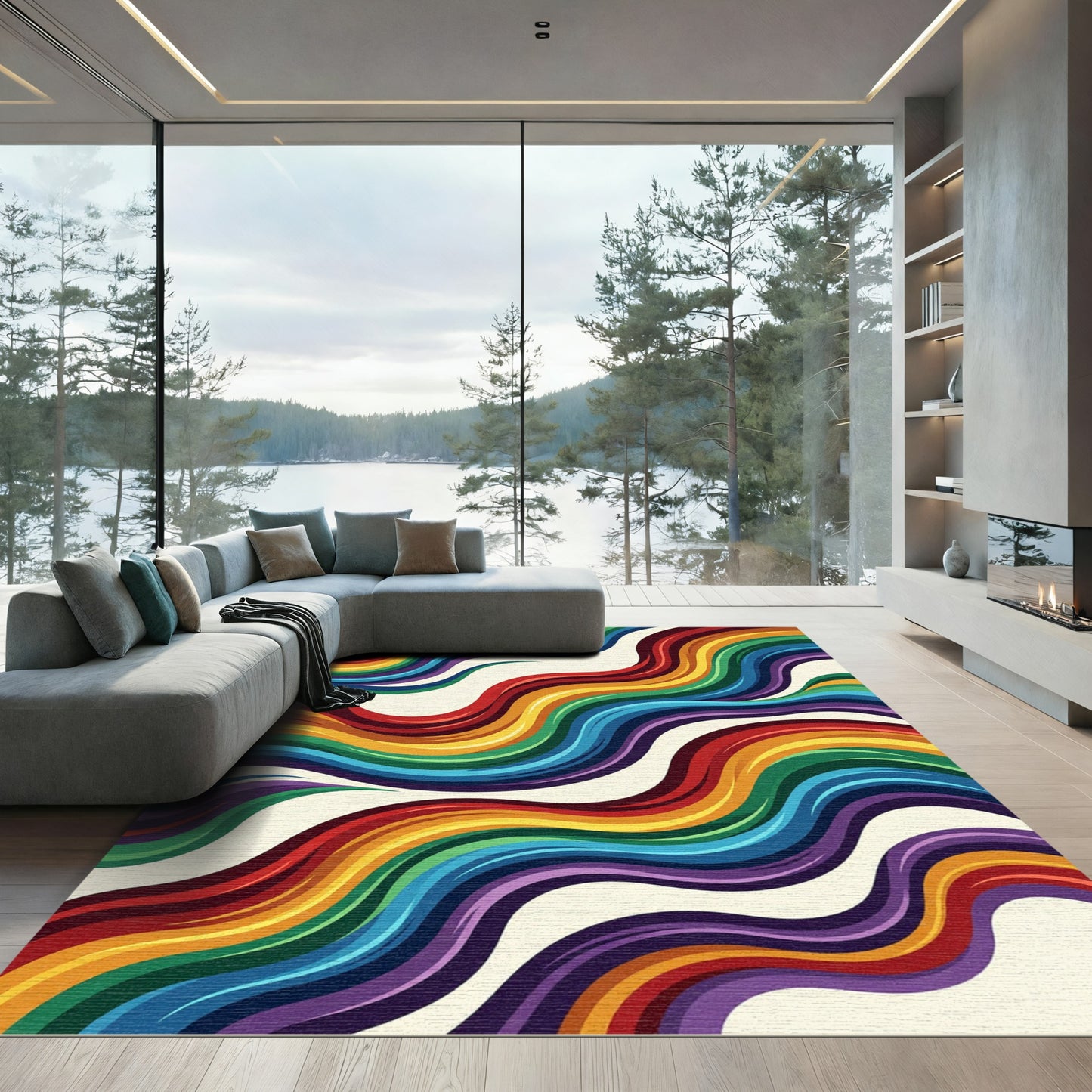 Vibrant Rainbow Wavy Stripes Rug