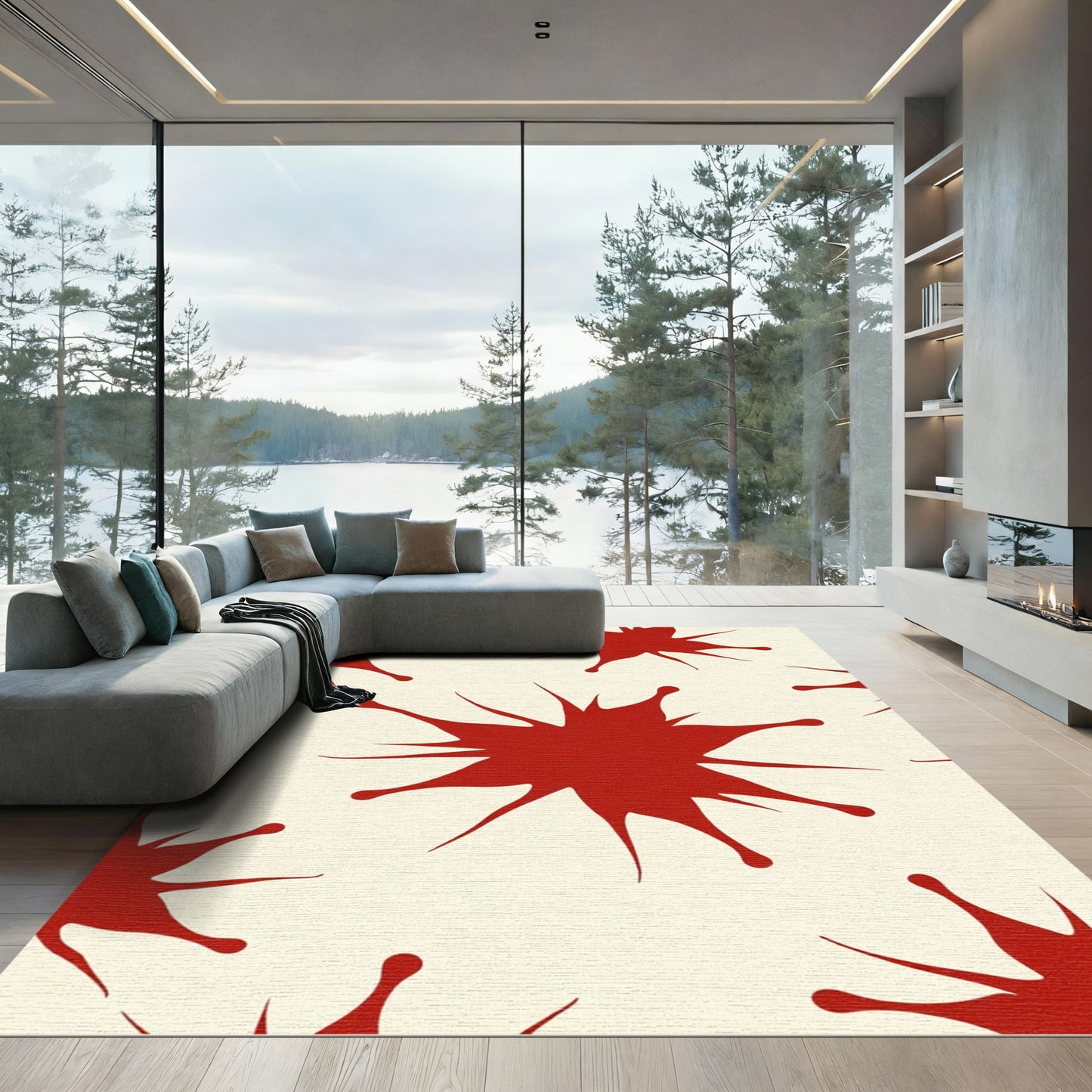 Crimson Splatter Abstract Radiating Rug
