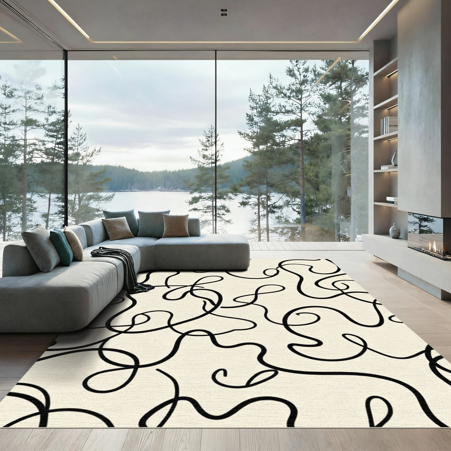 Cream Black Abstract Organic Lines Rug
