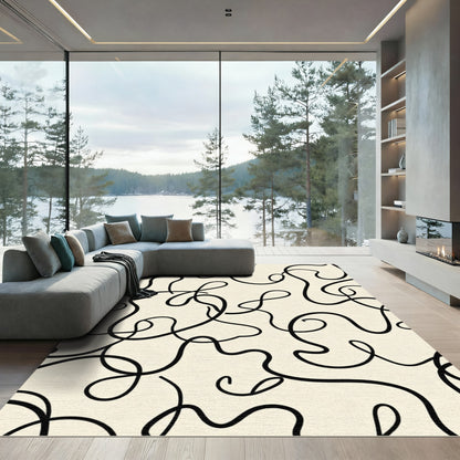 Cream Black Abstract Organic Lines Rug