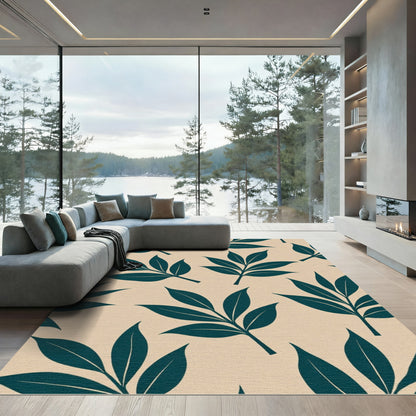 Teal Leaf Pattern on Cream Background Rug