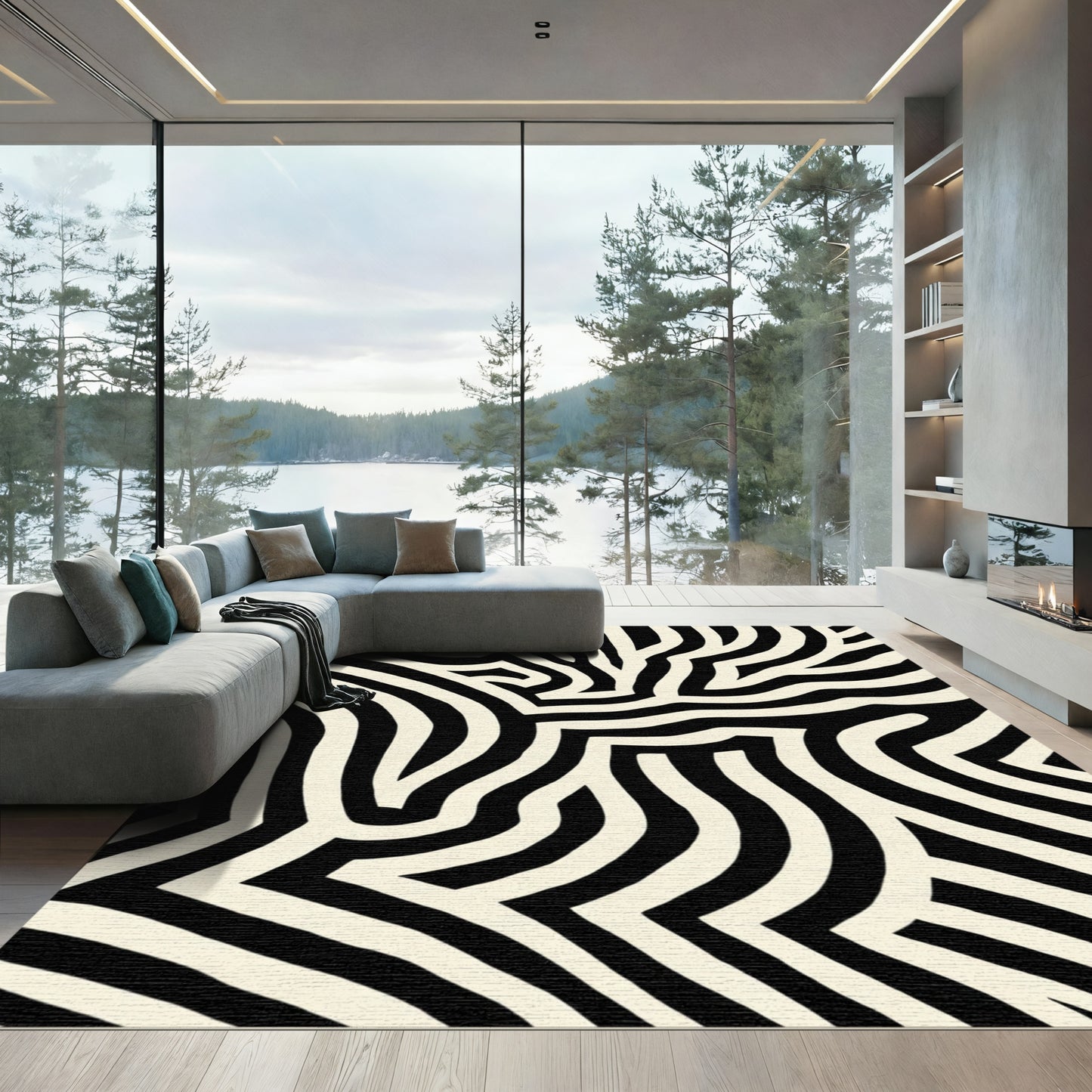 Bold Black Cream Abstract Stripes Rug