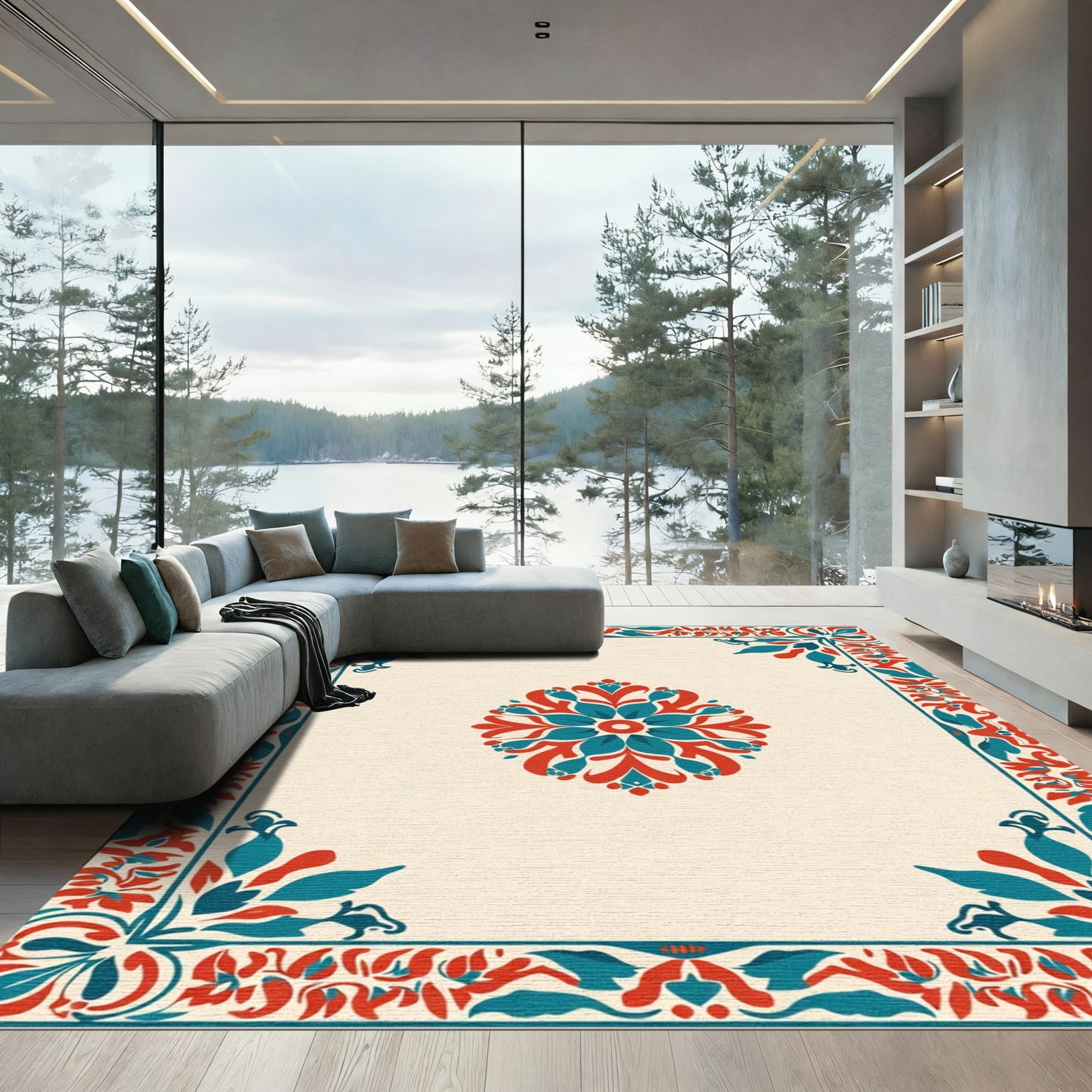 Crimson Teal Traditional Floral Border Rug