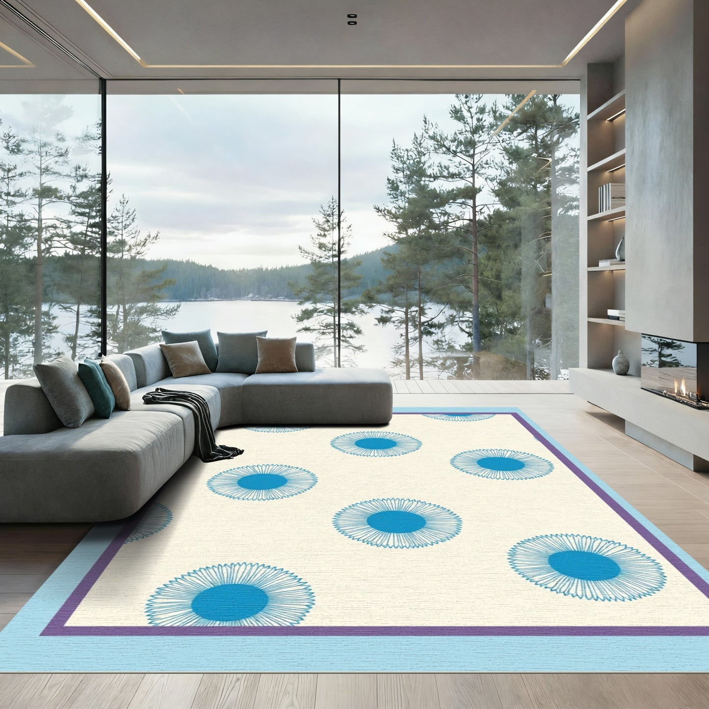 Cream Blue Sunburst Repeat Rug