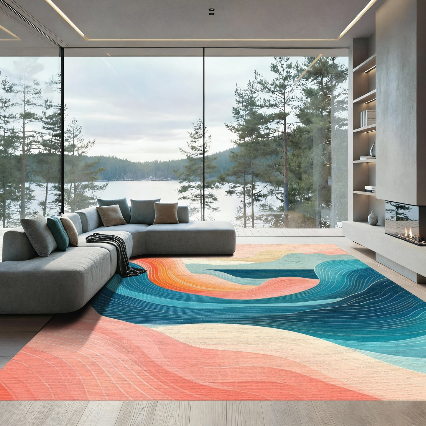 Wavy Pink Orange Teal Seascape Rug