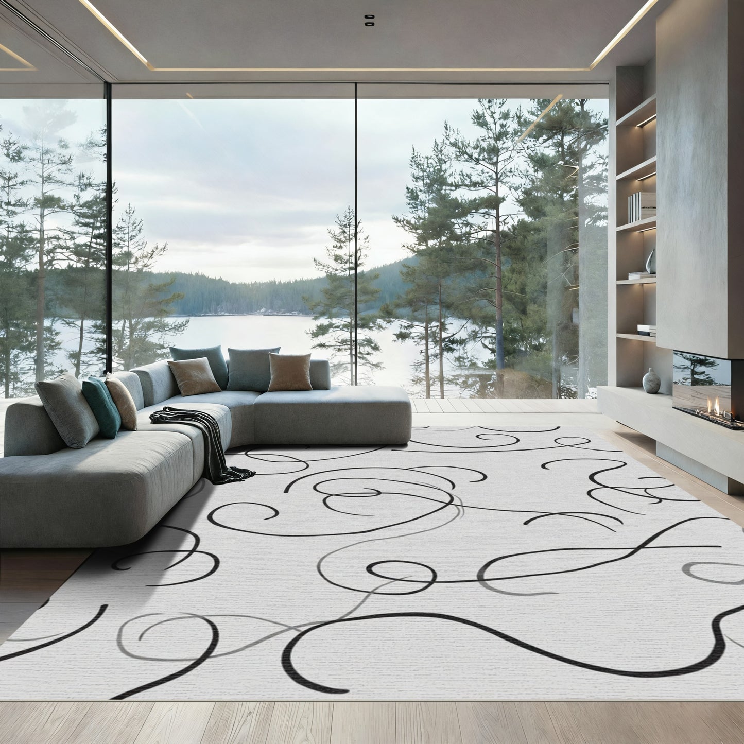 Minimalist Black Swirls on Gray Rug