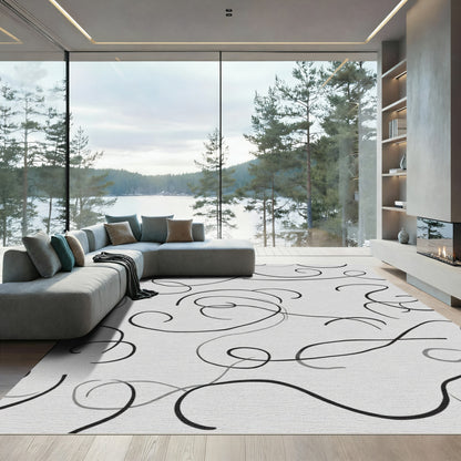 Minimalist Black Swirls on Gray Rug