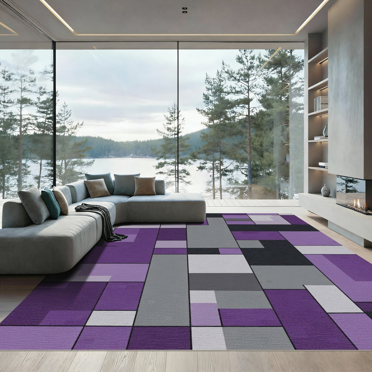 Purple Gray Geometric Blocks Rug