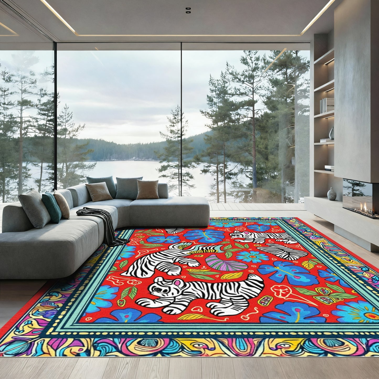Whimsical Tiger Jungle Floral Medley Rug