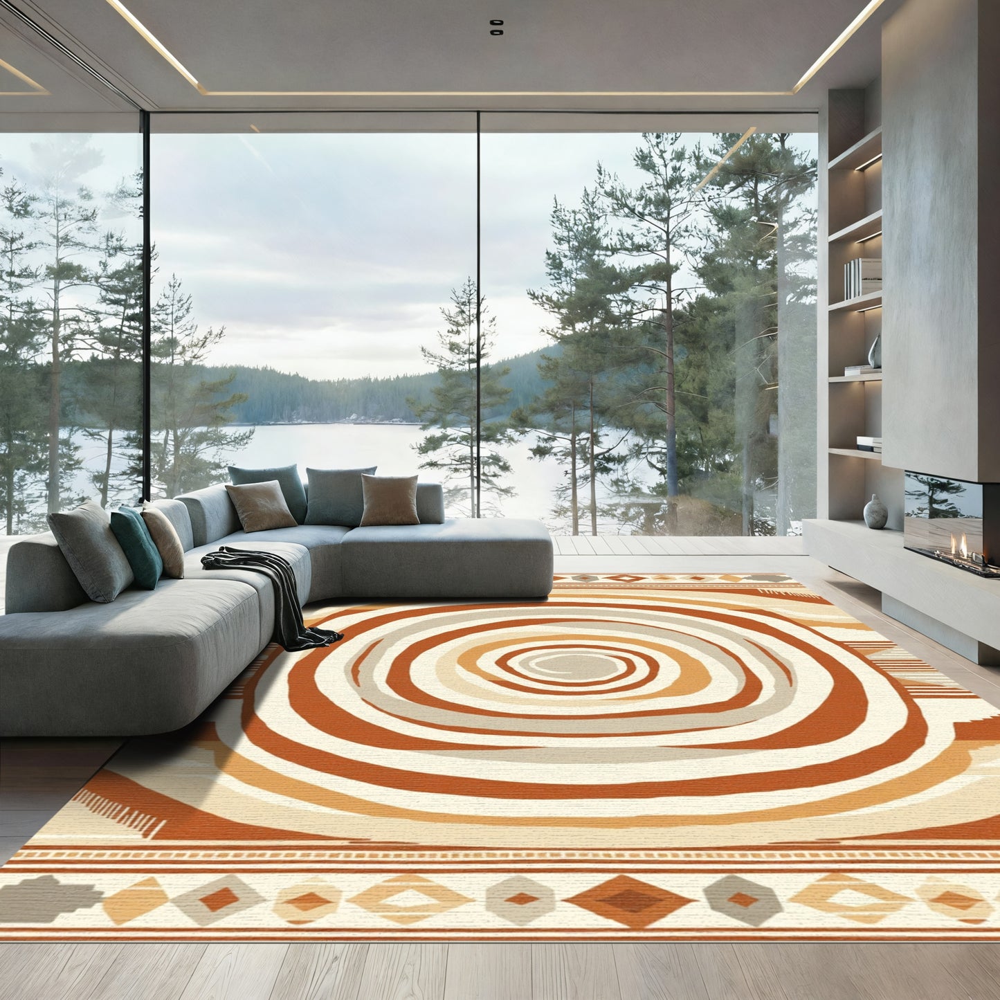 Earthy Tone Spiral Geometric Border Rug