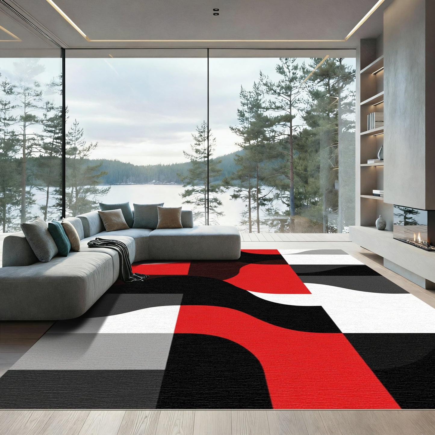 Bold Red Black White Geometric Wave Rug