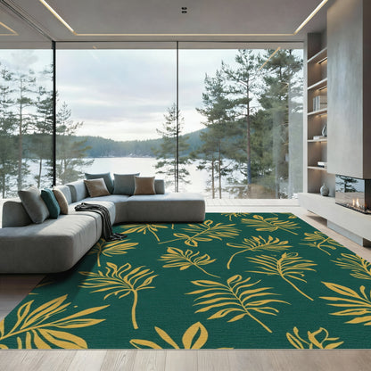 Emerald Green Gold Tropical Foliage Rug