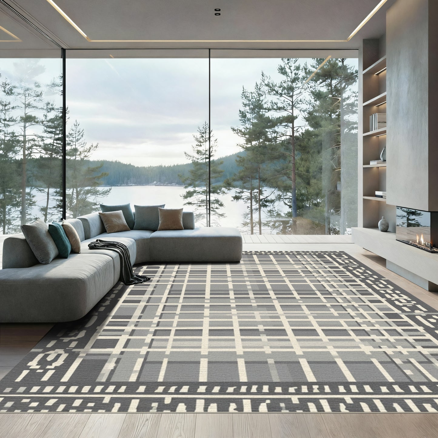 Grayscale Geometric Plaid Bordered Rug