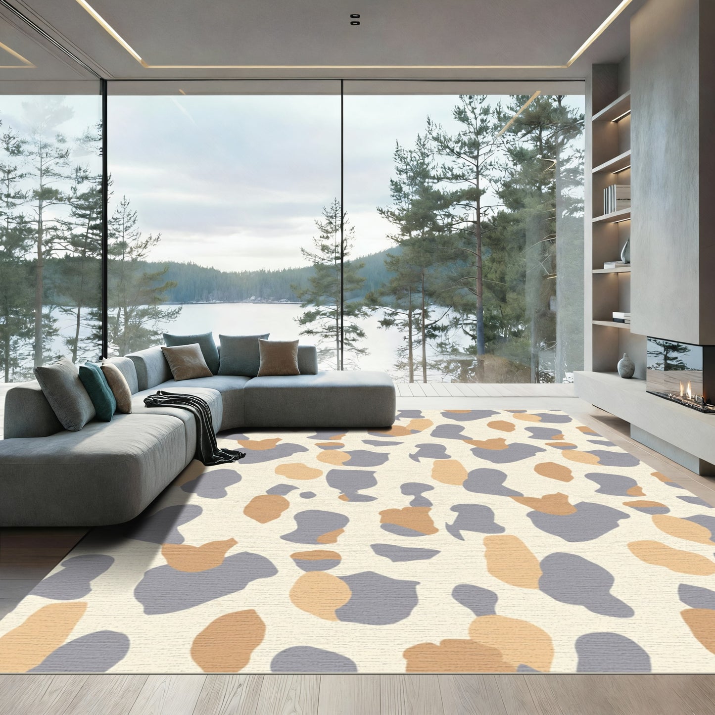 Abstract Beige Blue Tan Blobs Rug