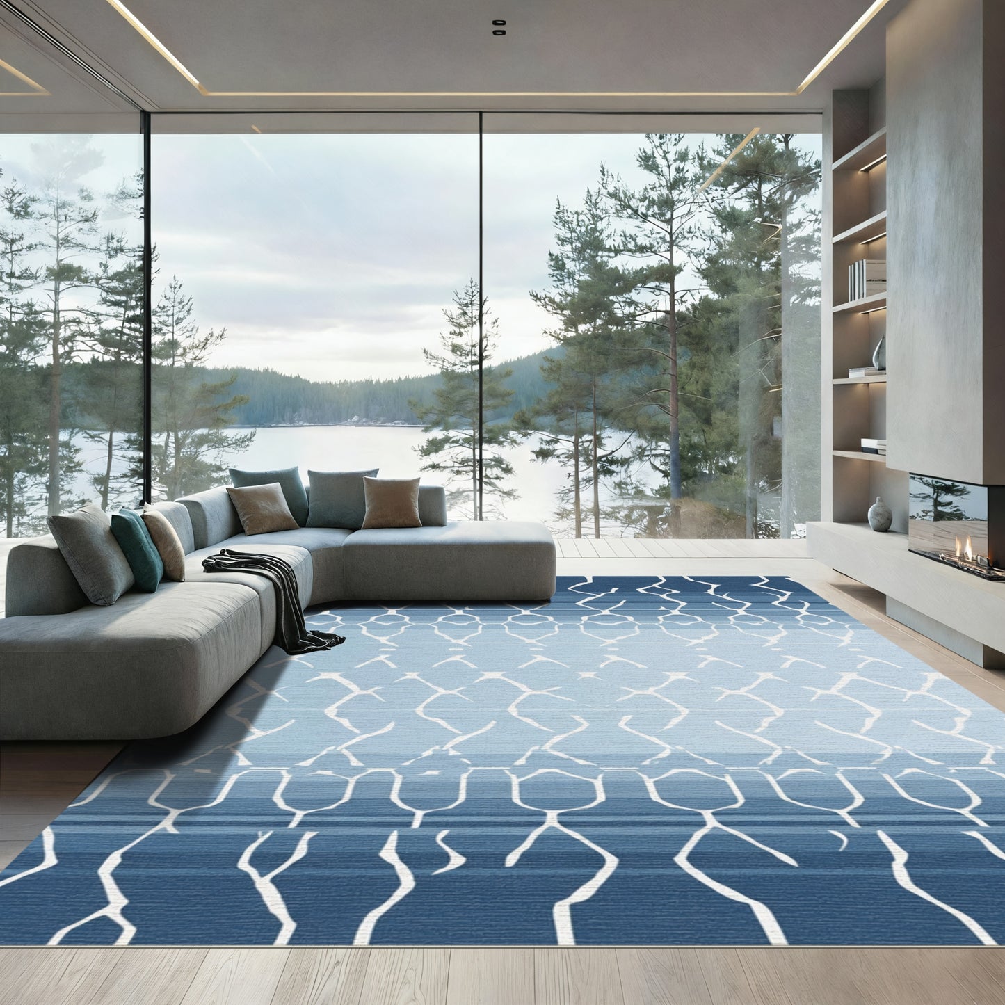 Cool Blue Organic Geometric Ombre Rug