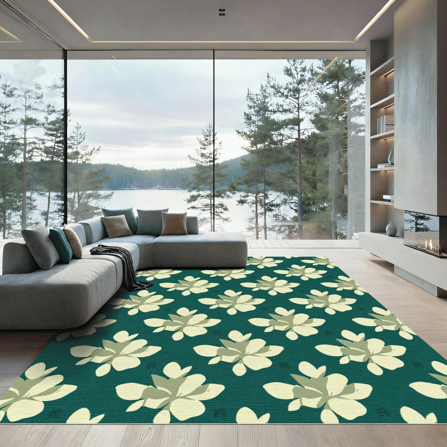 Deep Teal Cream Floral Bloom Rug