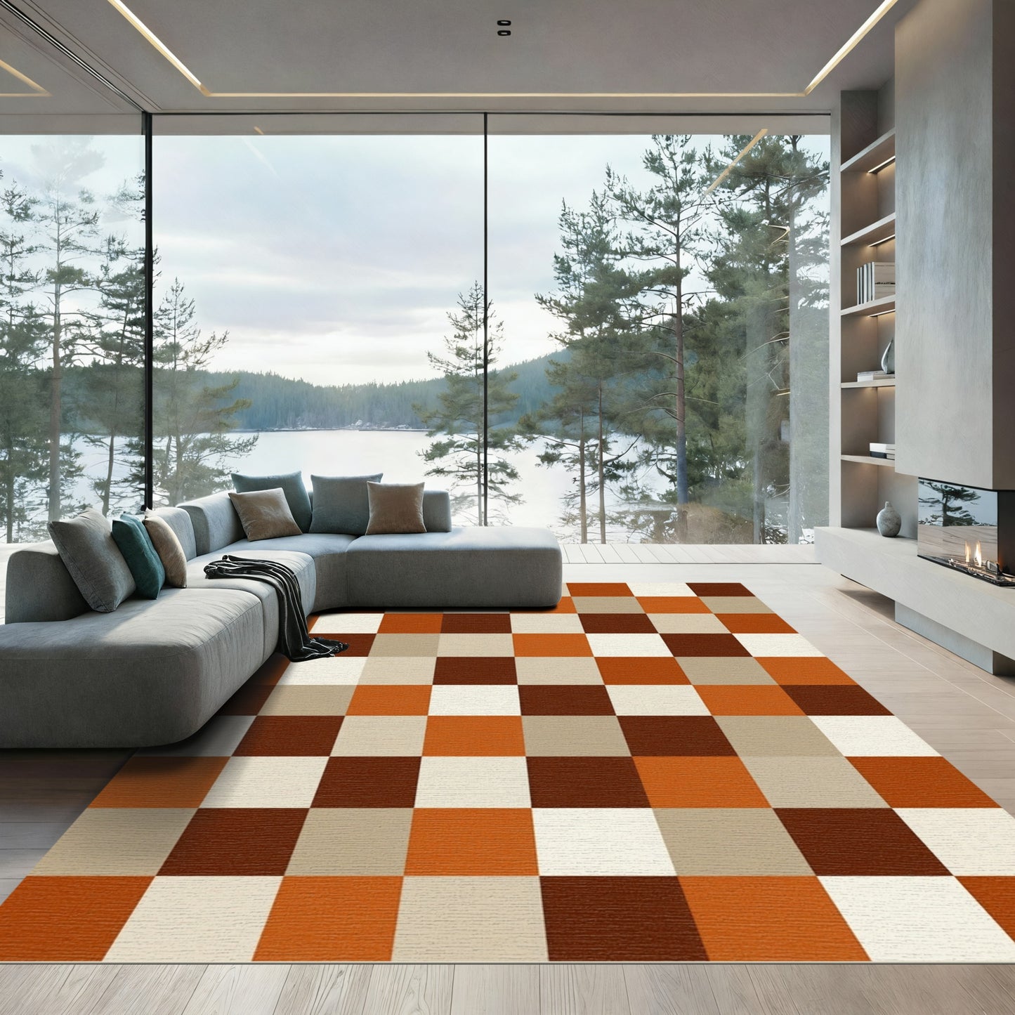 Earthy Tone Checkerboard Squares Rug