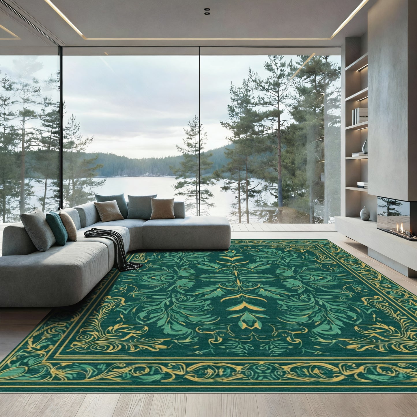 Teal Golden Scrollwork Classic Floral Rug