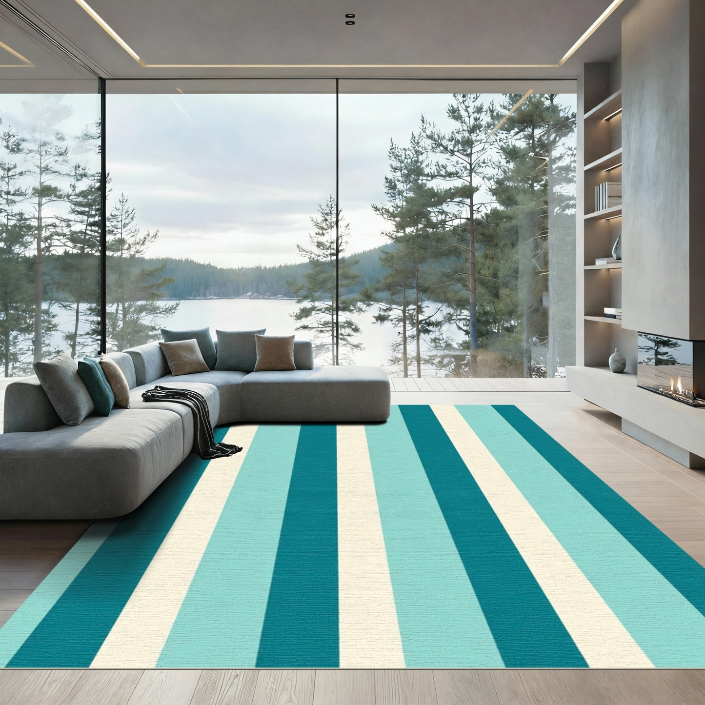 Aqua Teal Cream Vertical Stripes Rug