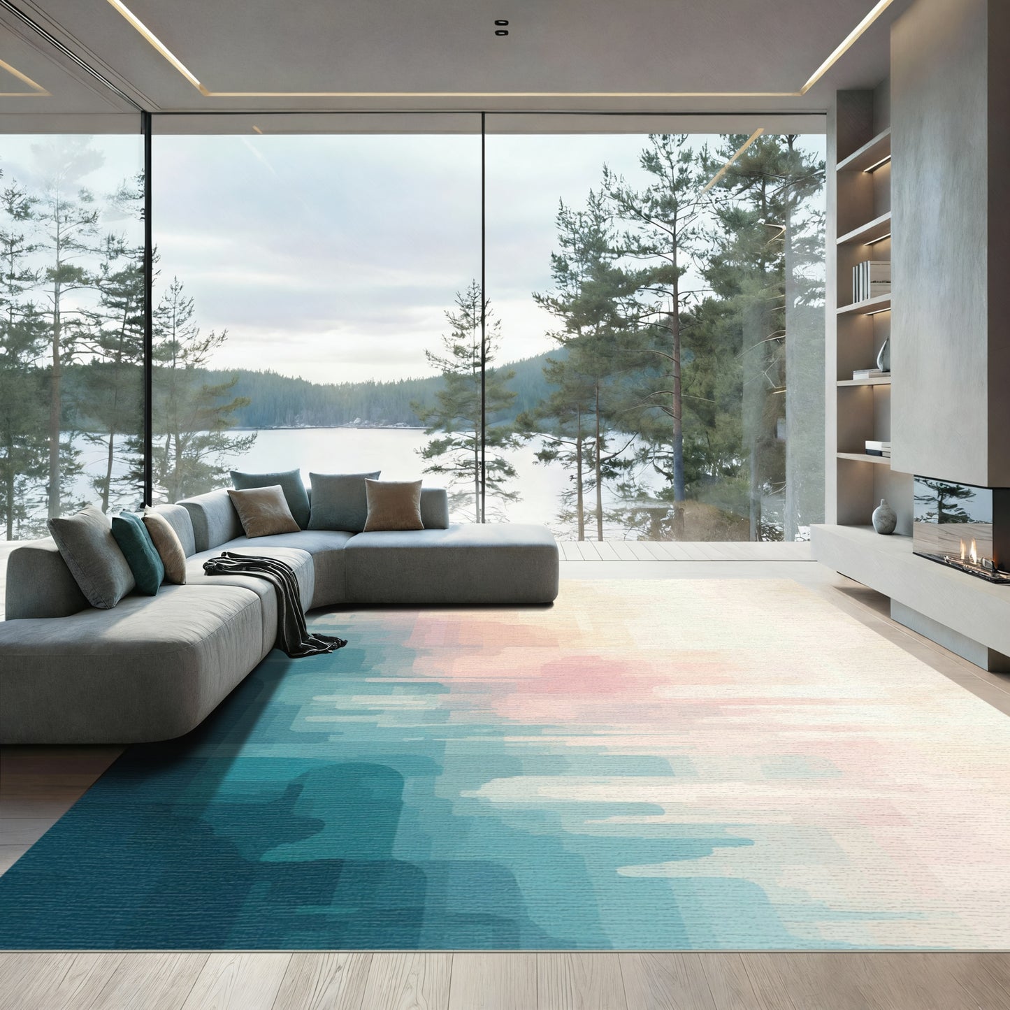 Muted Teal Pink Abstract Pixelated Cloud Rug