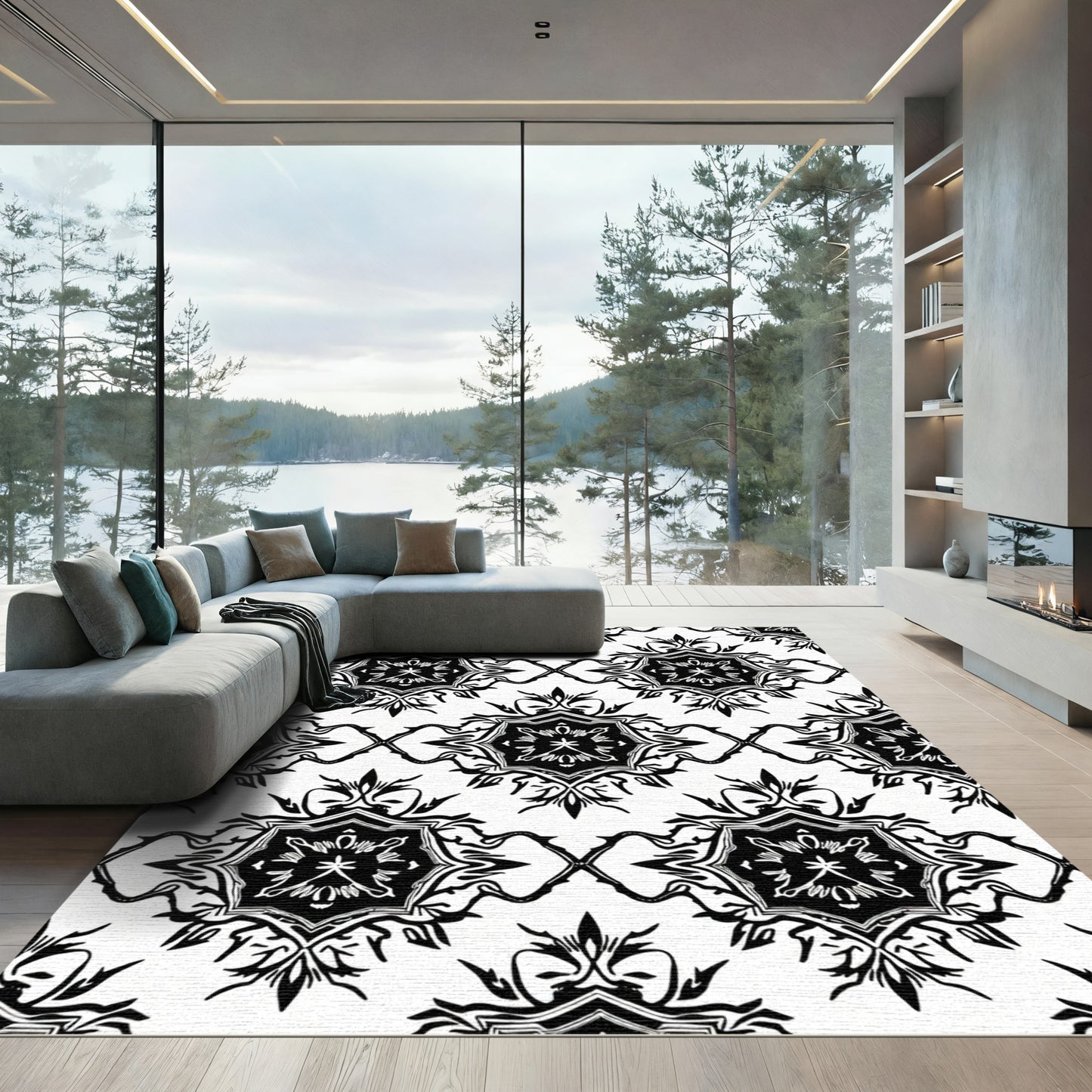 Abstract Black and White Medallion Rug