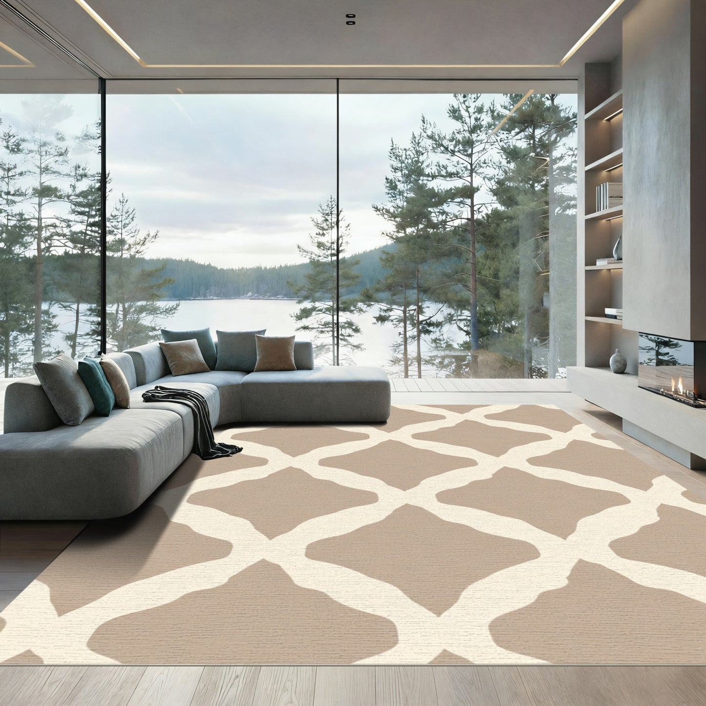 Taupe Cream Interlocking Diamond Lattice Rug