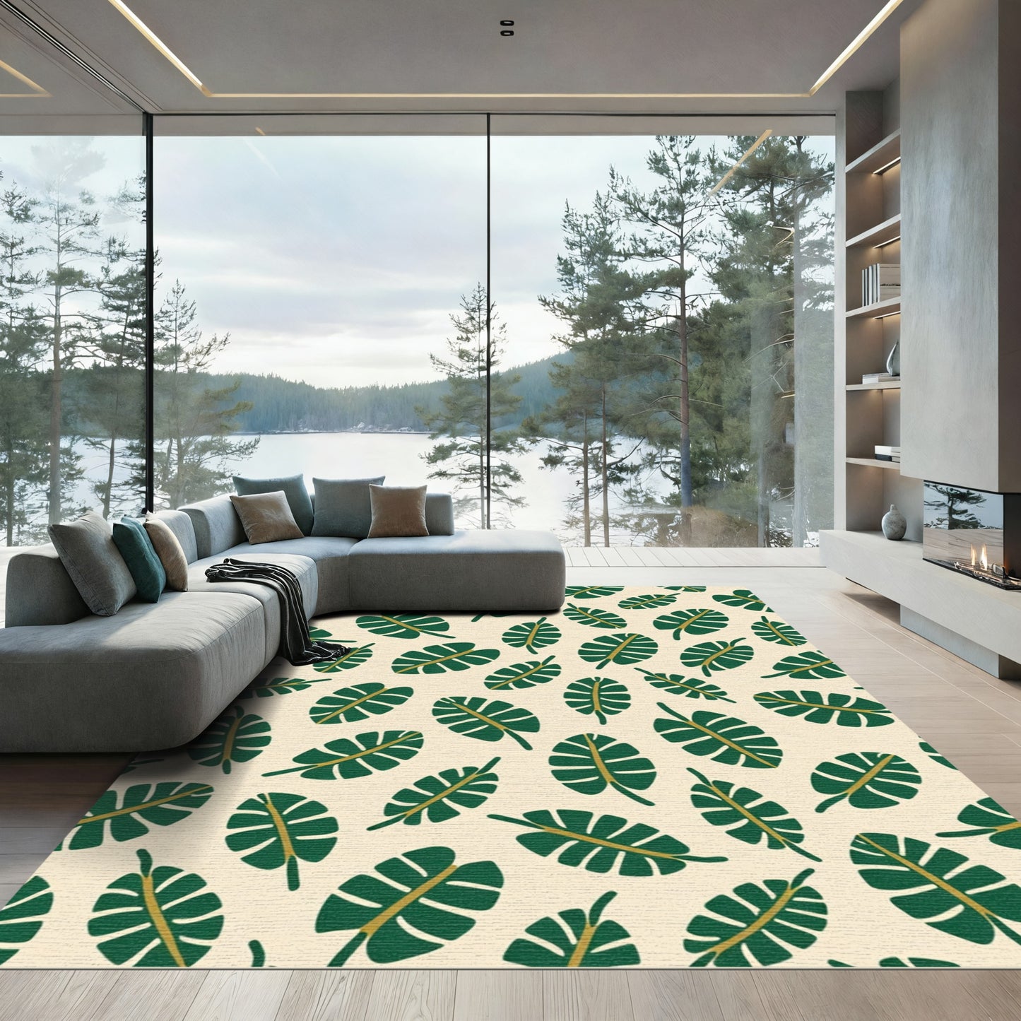Tropical Green Leaf Pattern Overlay Rug