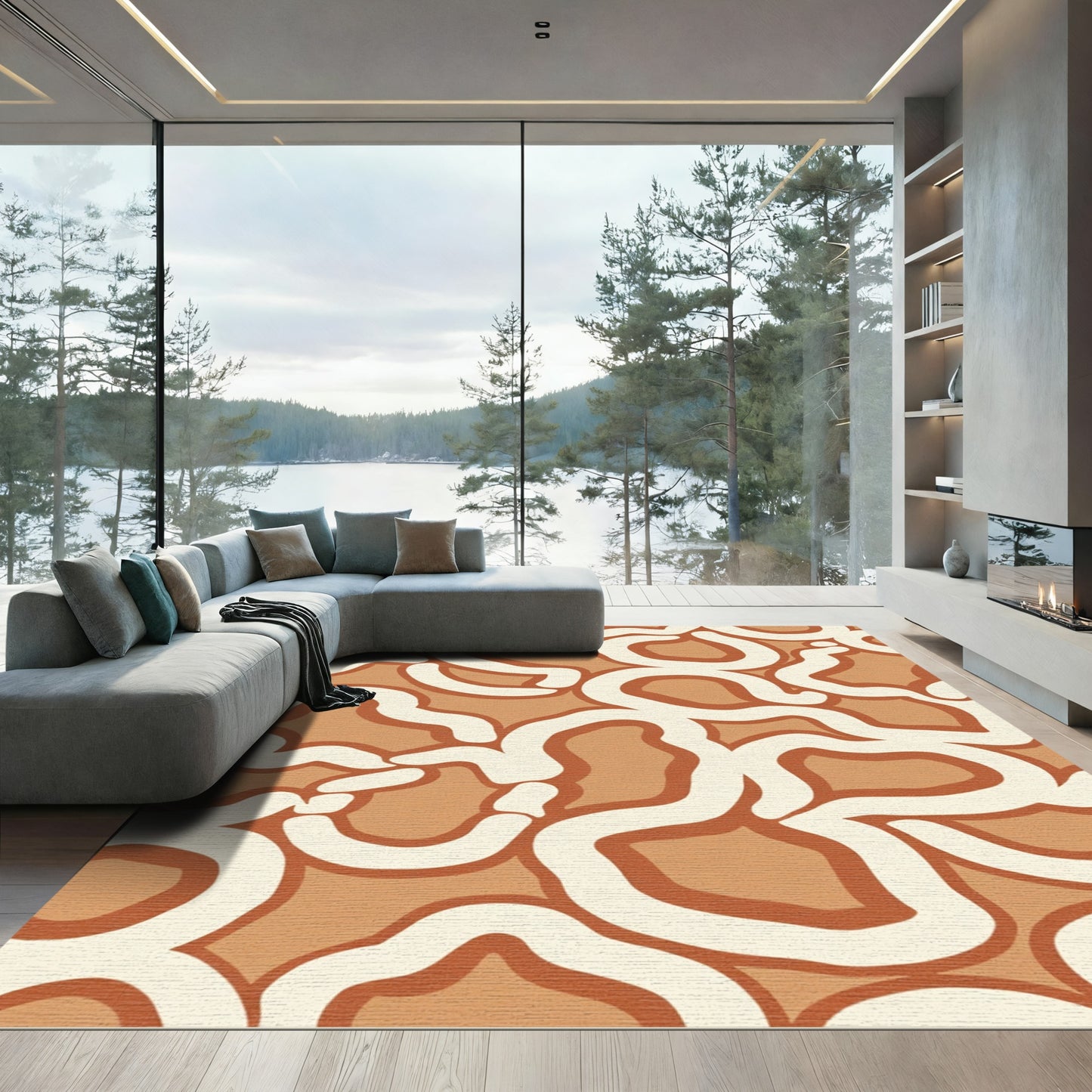 Terracotta Cream Abstract Organic Swirl Rug