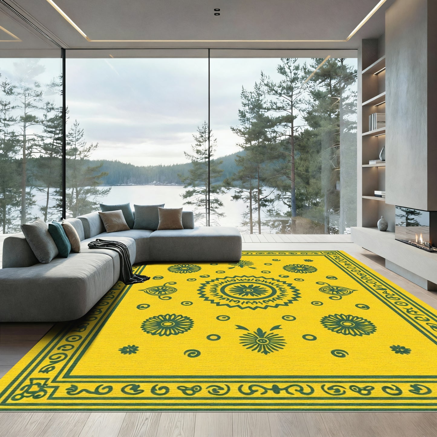 Yellow Teal Floral Medallion Centered Rug