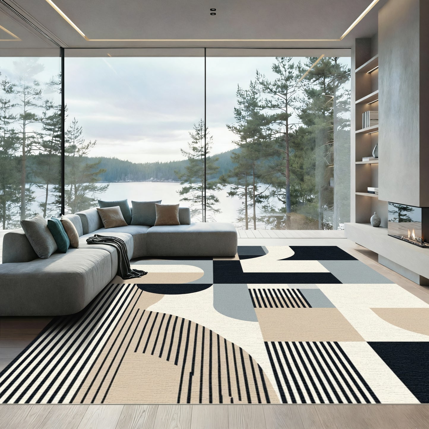 Modern Geometric Shapes Beige Black Rug