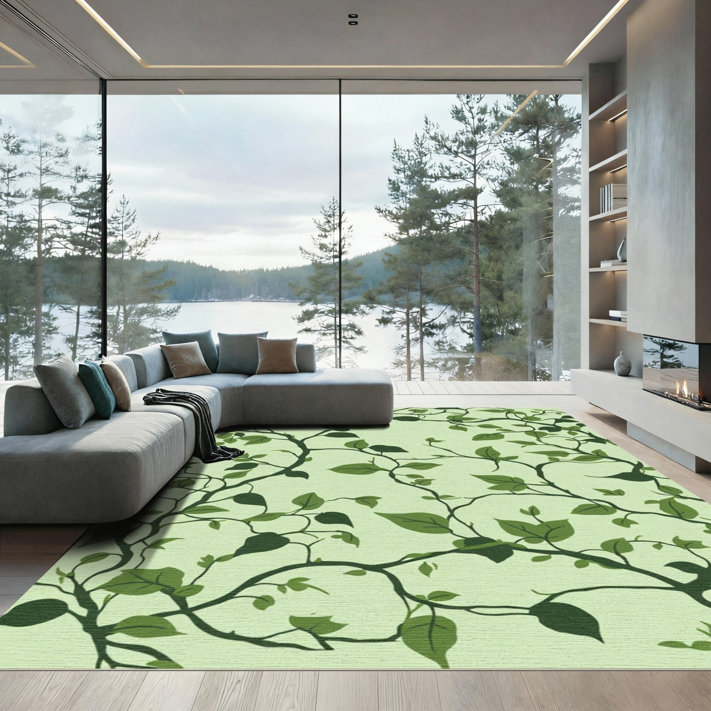 Deep Green Vine Foliage Swirl Rug