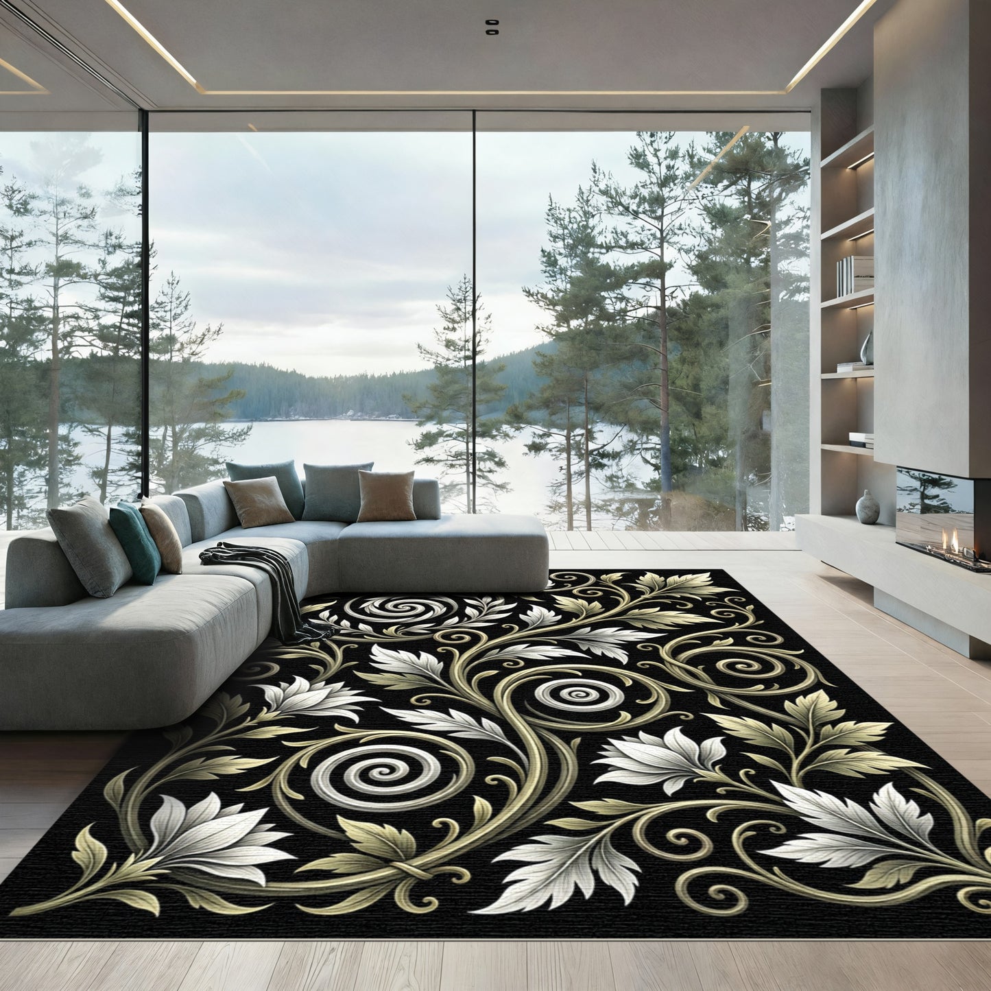 White and Gold Floral Scrollwork Rug