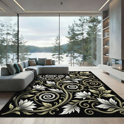 White and Gold Floral Scrollwork Rug