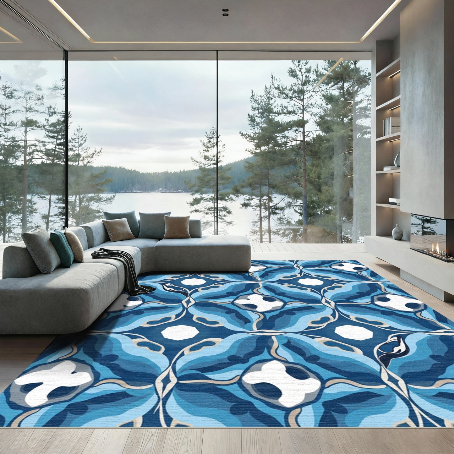 Blue Water Wave Geometric Medallion Rug