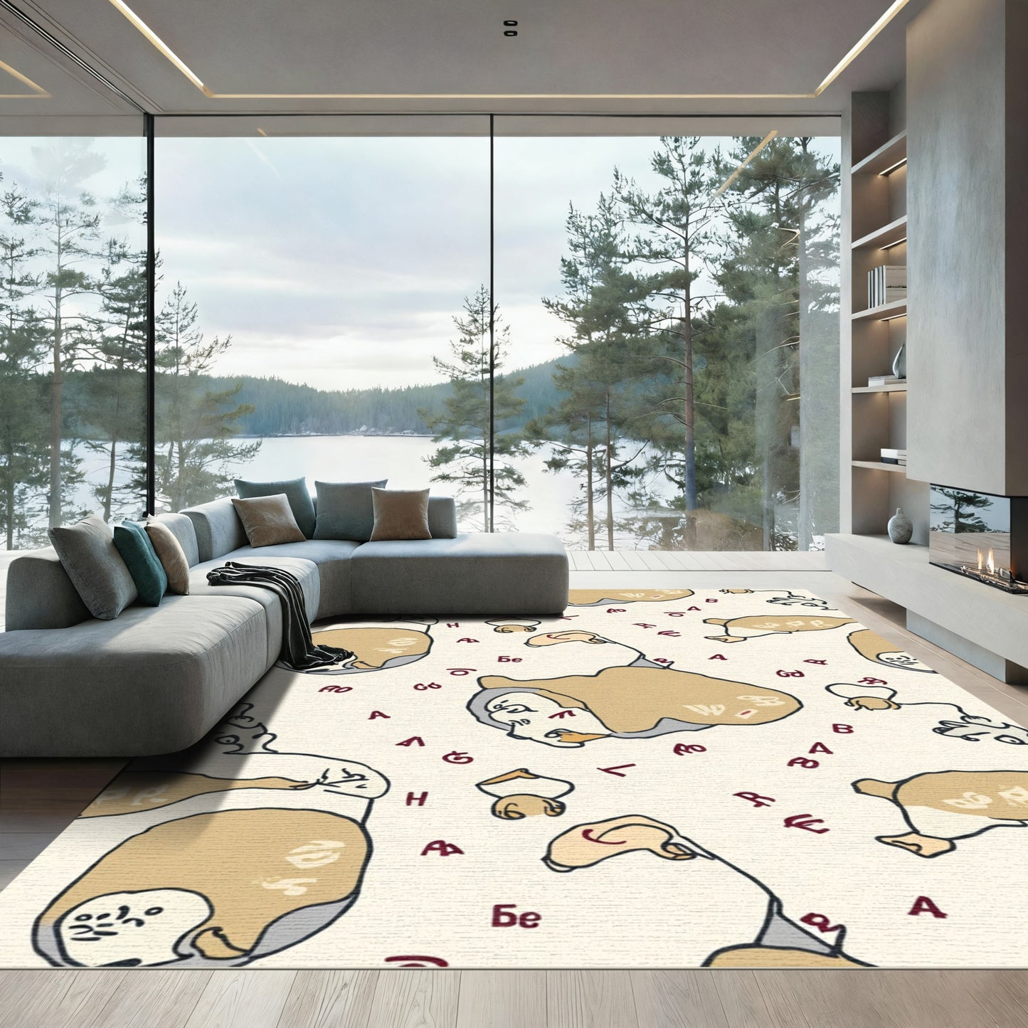 Whimsical Beige Abstract Figure Letters Rug