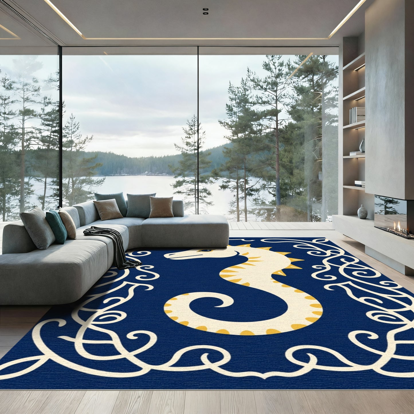Cream Seahorse Blue Scroll Ornament Rug