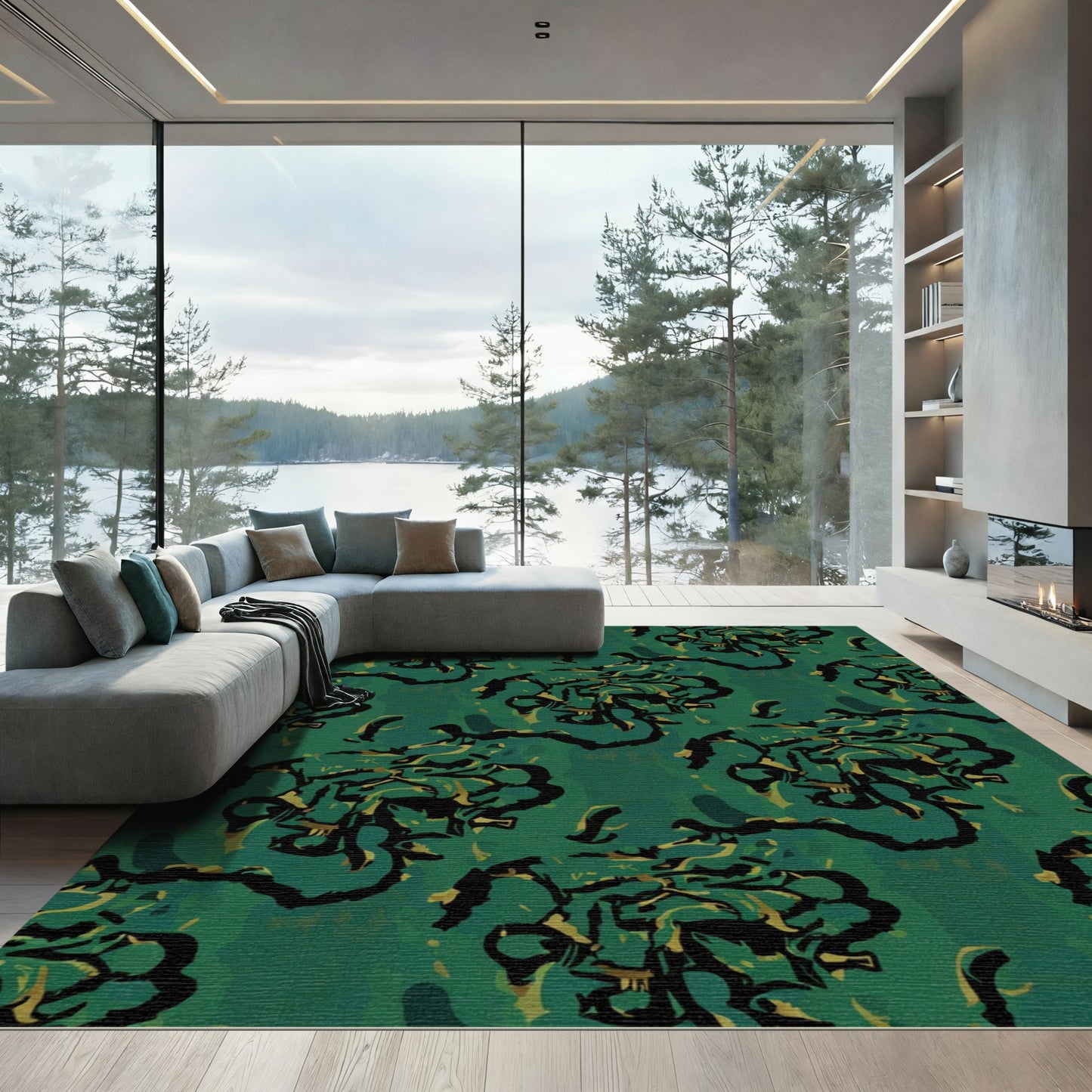 Rich Teal Organic Abstract Bloom Rug