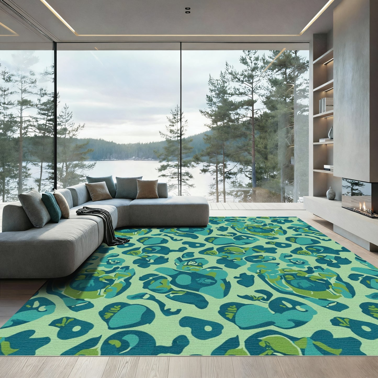 Teal Green Abstract Organic Forms Rug