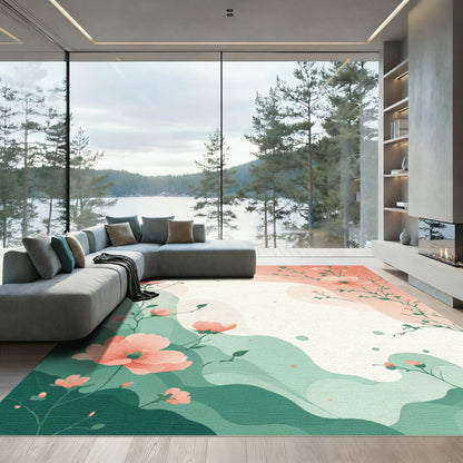 Coral Blossom Branch Flowing Waves Rug
