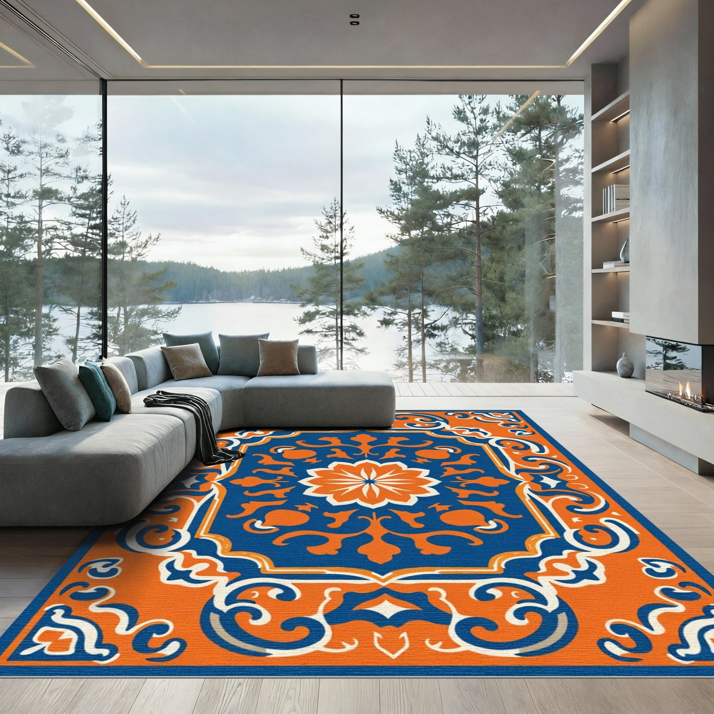 Ornate Orange and Blue Floral Medallion Rug
