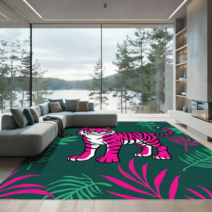 Vibrant Pink Tiger Jungle Foliage Rug