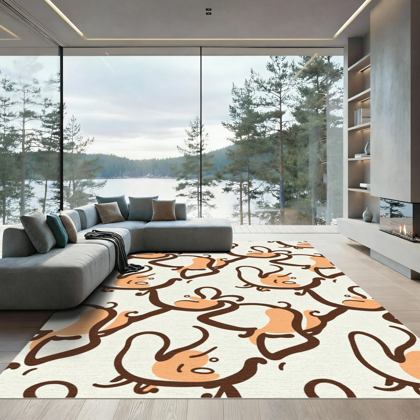Abstract Whimsical Brown Peach Figures Rug