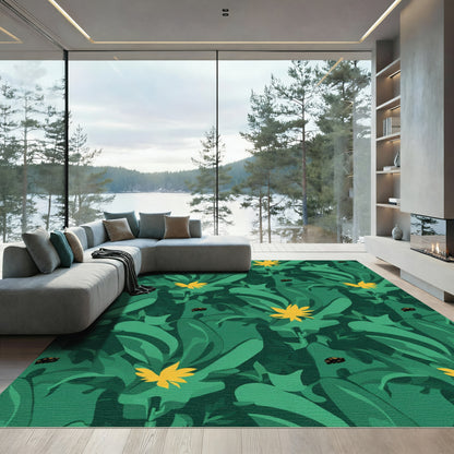 Vibrant Green Tropical Leaf Ladybug Rug
