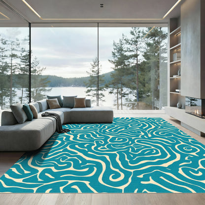 Deep Teal Abstract Swirl Lines Rug