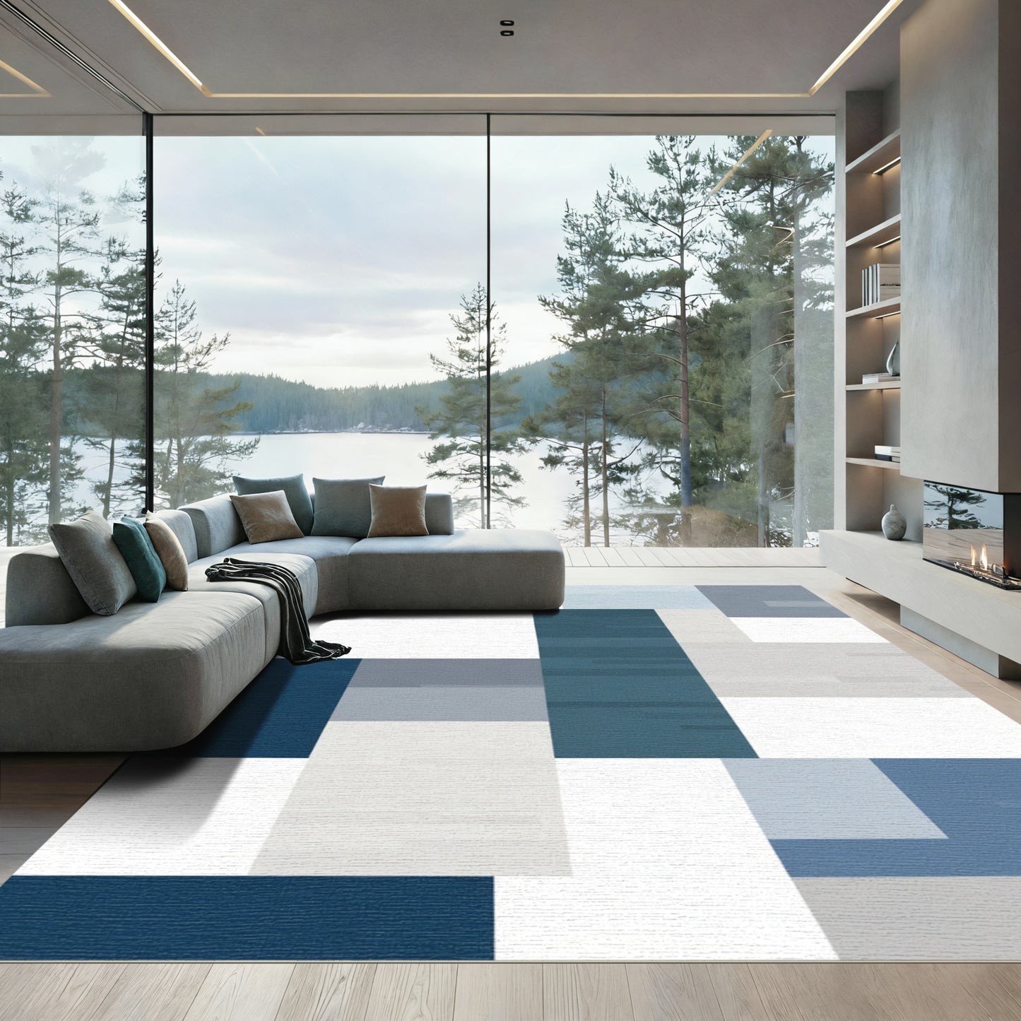 Modern Abstract Blue Gray Composite Shapes Rug