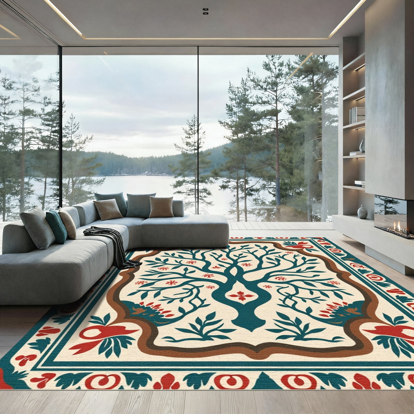 Teal Tree Ivory Red Border Rug