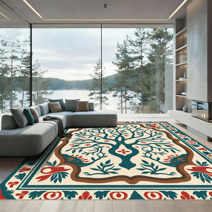 Teal Tree Ivory Red Border Rug