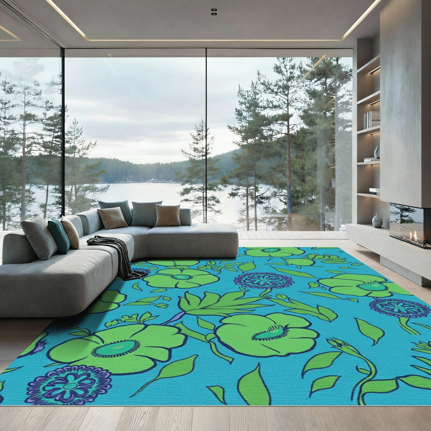Bright Green Floral Aquatic Bloom Rug