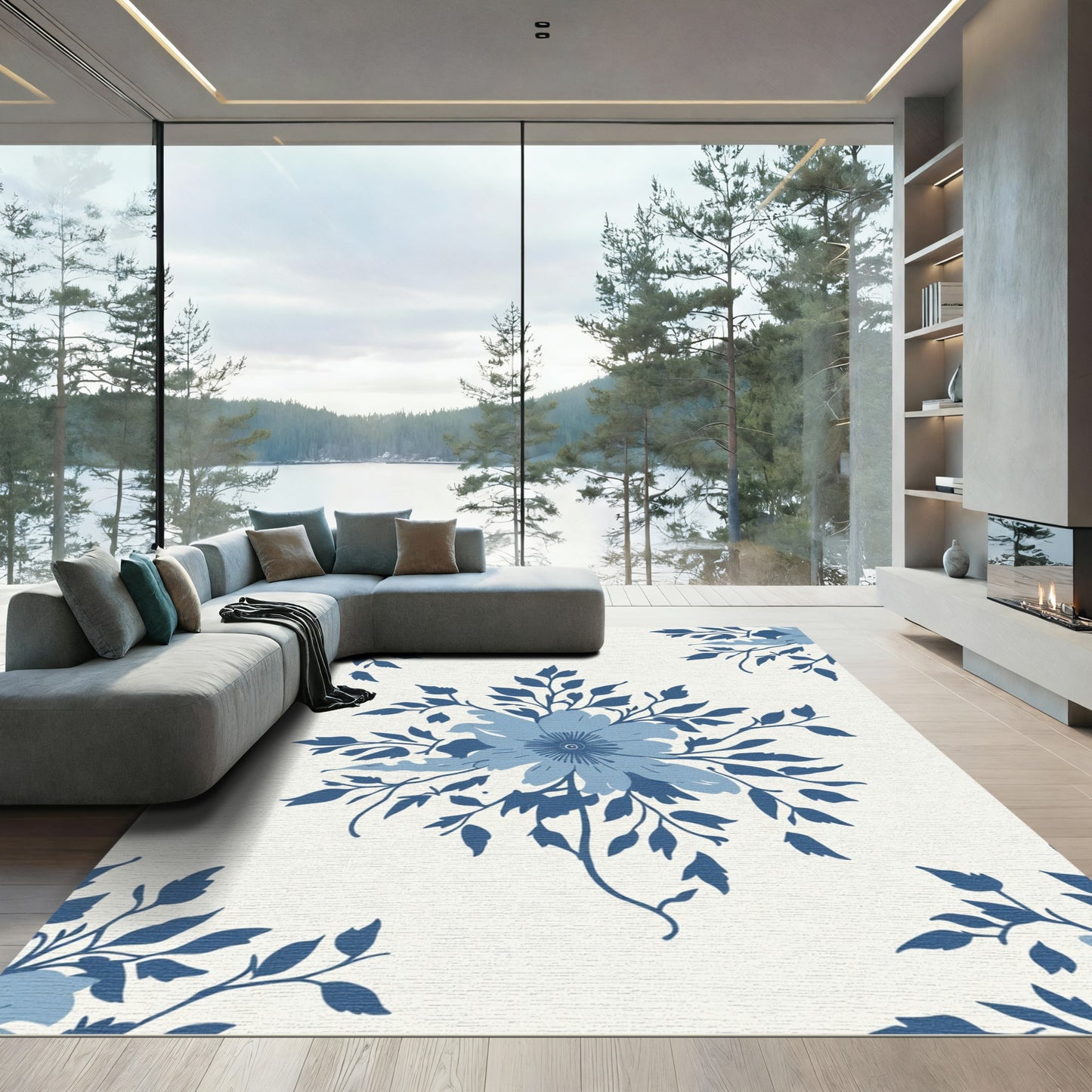 Blue Floral Branch Medallion Rug